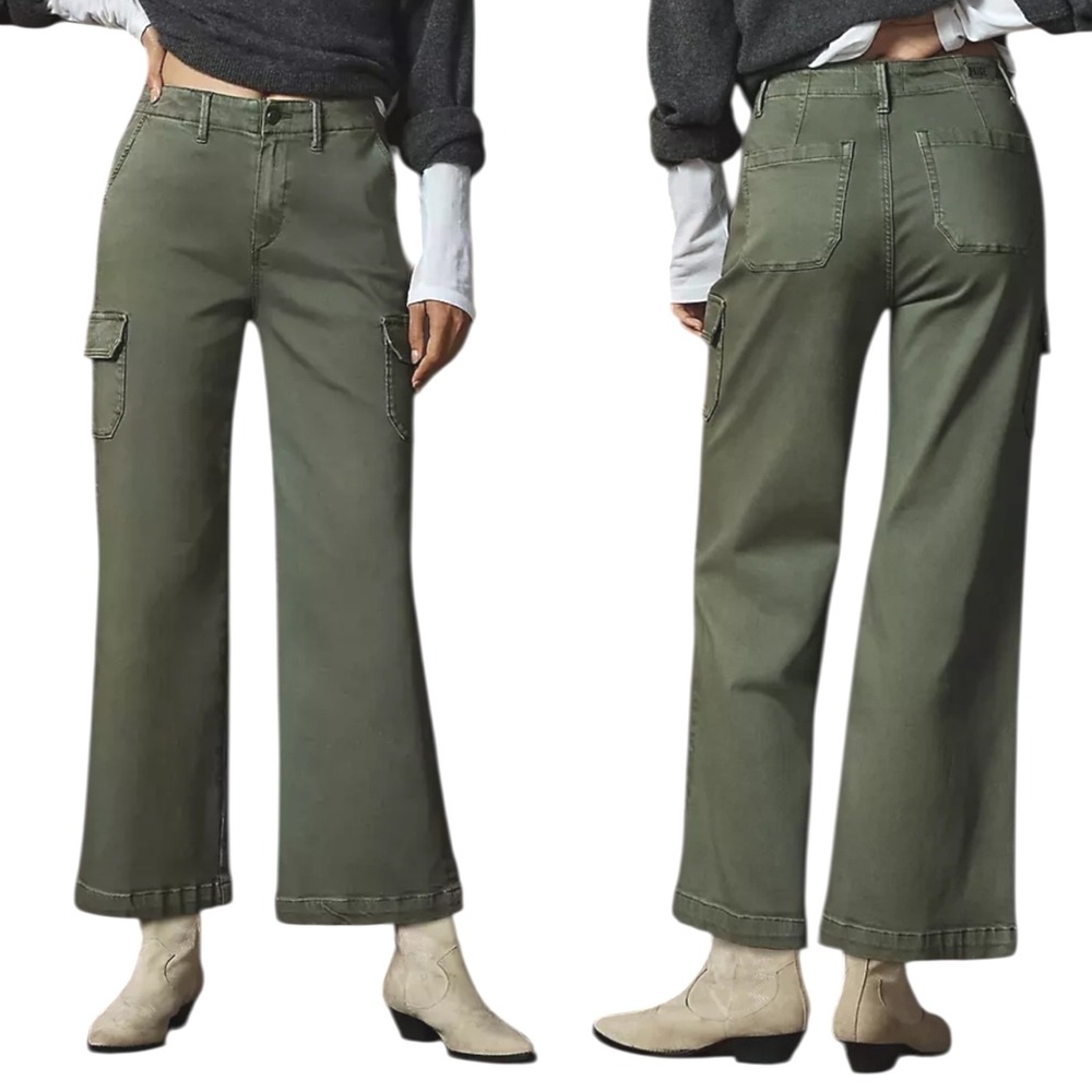 PAIGE Cargo Jeans Wide‎ Leg Crop Sz 27 Ivy Green High Rise Stretch Anthropologie